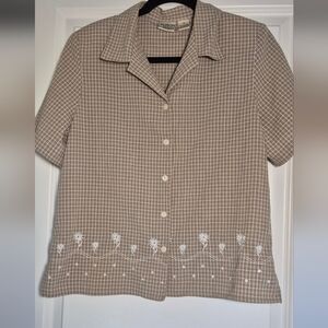 Allison Daley Petites PM Plaid Button-Up Blouse Embroidered Hem Shoulder Pads